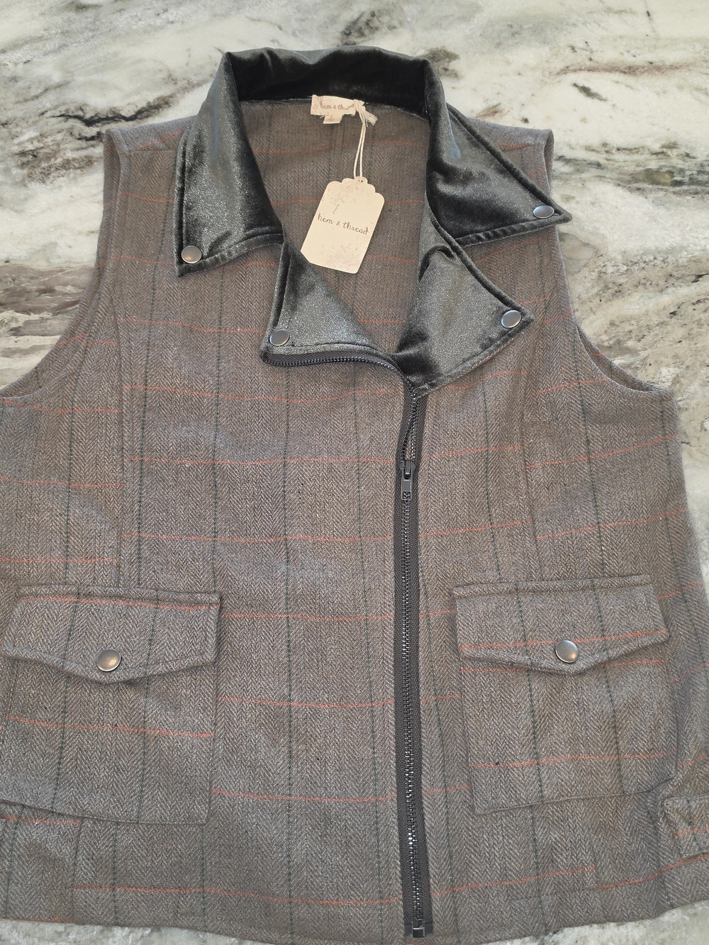Hem & Thread Brown Herringbone Plaid Moto Vest with Black Faux Leather Collar